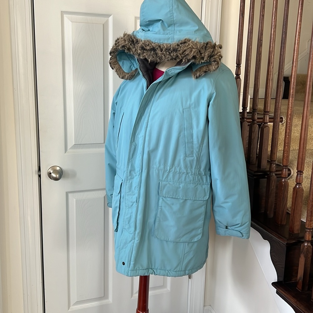 Land End Robins Egg Blue super warm heavy hooded coat jacket EUC 14